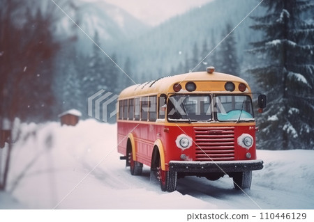A yellow school bus in the snow rides on a snowy winter road. Safe social assistance for children. A yellow school bus in the snow rides on a snowy winter road. Safe social assistance for children. 110446129