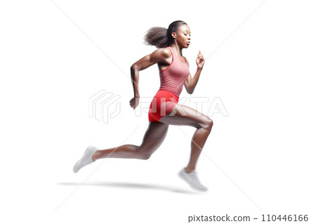 African American woman athlete sprinter runner, competitive training, white background isolate. 110446166