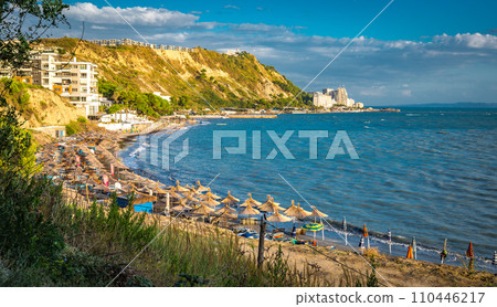 currilave beach shoreline with hotels in Durres, Albania during sunset 110446217