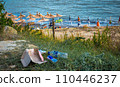 currilave beach shoreline with hotels in Durres, Albania during sunset 110446237