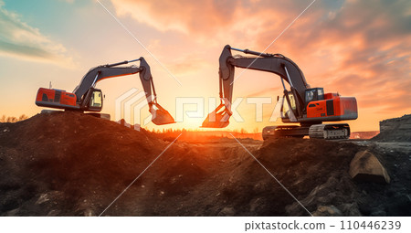 Excavator on earthmoving at open pit mining on sunset. Excavator on earthmoving at open pit mining on sunset. 110446239