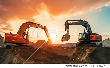 Excavator on earthmoving at open pit mining on sunset. Excavator on earthmoving at open pit mining on sunset. 110446240