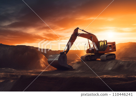 Excavator on earthmoving at open pit mining on sunset. 110446241