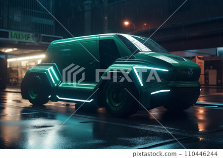 Futuristic green EV truck. Car of the future. Electric car in green neon color Futuristic green EV truck. Car of the future. Electric car in green neon color 110446244