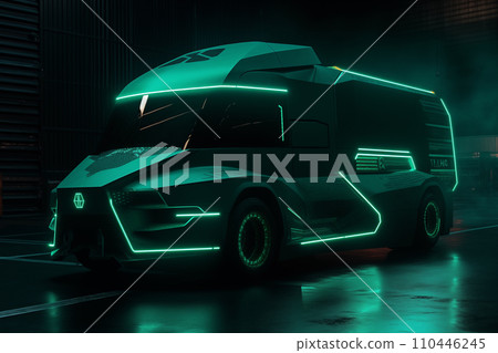 Futuristic green EV truck. Car of the future. Electric car in green neon color 110446245