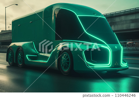 Futuristic green EV truck. Car of the future. Electric car in green neon color 110446246