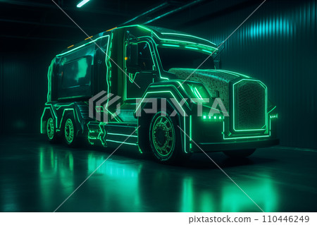 Futuristic green EV truck. Car of the future. Electric car in green neon color 110446249