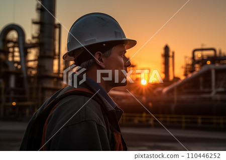 Oil crude and gas refineries. Worker in a Hard construnction helmet at Oil refinery plant Oil crude and gas refineries. Worker in a Hard construnction helmet at Oil refinery plant 110446252