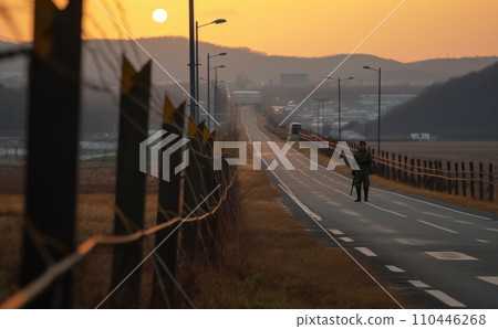 Border of South Kore and North Korea. Border with barbed wire on fence. Border of South Kore and North Korea. Border with barbed wire on fence. 110446268