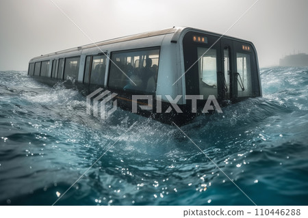 Train during a flood in heavy rain. Incident with a passenger train falling into the sea. Train during a flood in heavy rain. Incident with a passenger train falling into the sea. 110446288