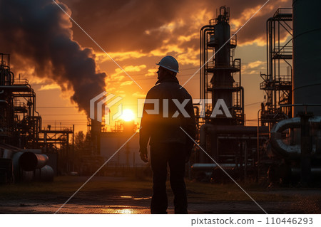 Oil crude and gas refineries. Worker in a Hard construnction helmet at Oil refinery plant Oil crude and gas refineries. Worker in a Hard construnction helmet at Oil refinery plant 110446293