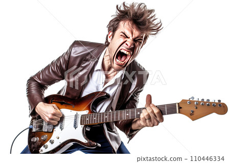 Close-up of an artist musician plays the guitar, sings loudly, screams emotionally excitedly, white background isolate. 110446334