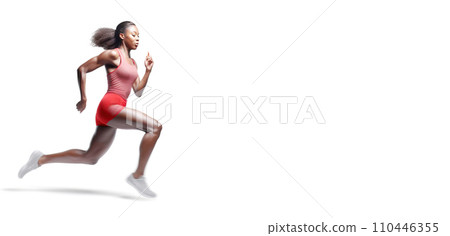 African American woman athlete sprinter runner, competitive training, white background isolate. 110446355