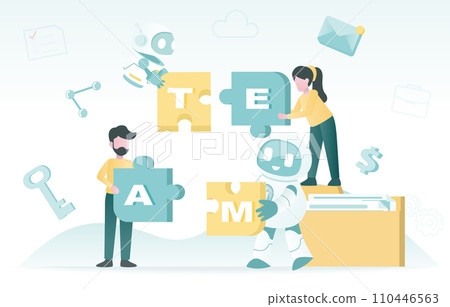 Artificial Intelligence (AI) technology and cooperation concept. Collaboration between human and ai robot to complete puzzle jigsaw. Strategy planning, tactical management, success. Artificial Intelligence (AI) technology and cooperation concept. Collaboration between human and ai robot to complete puzzle jigsaw. Strategy planning, tactical management, success. 110446563