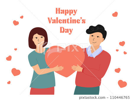 Happy Valentines Day greeting card. Couple in love. Smiling woman and happy man holding huge heart together. Sweethearts flat vector illustration. Valentine celebration romantic poster, banner 110446765