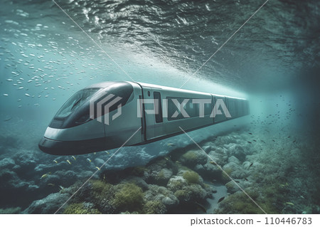 Train in Underwater railway. Underwater high-speed train on underway railroad. 110446783