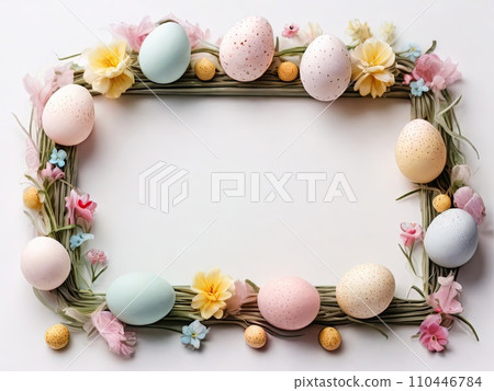 Easter eggs in nest with flowers on white background, top view. Easter card with empty copyspace for text and wishes Easter eggs in nest with flowers on white background, top view. Easter card with empty copyspace for text and wishes 110446784