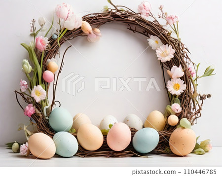 Easter eggs in nest with flowers on white background, top view. Easter card with empty copyspace for text and wishes 110446785