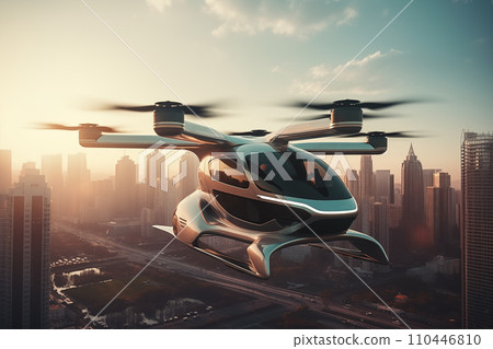 Flying car in sky. Electric air car flight above a cityscape. 110446810