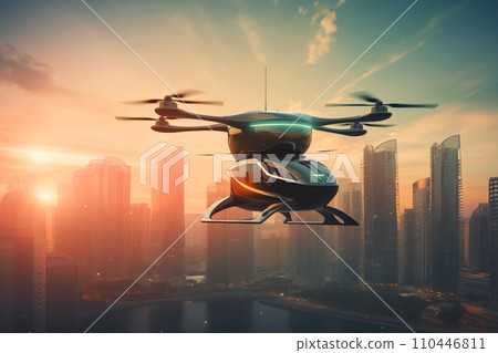Flying car in sky. Electric air car flight above a cityscape. 110446811