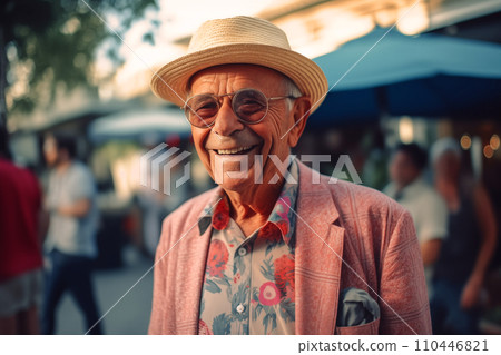 Elderly man with a cheerful smile. Grandfather in glasses and fashionable clothes on vacation. 110446821