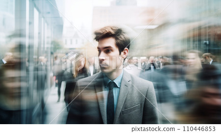 AI-generated content. A young man in a stressed or depressed state against the backdrop of moving people along a city street. Mental health 110446853