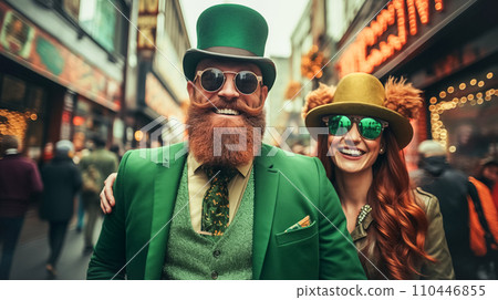 AI-generated content. Modern man with beard and woman with red hair wearing green St. Patrick's Day hats take part in parade down city street 110446855