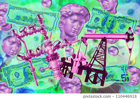 Pop art collage with antique statue head and industrial objects and dollars banknote background. Surreal poster, template for concept design or cover. Alternative zine culture. 110446918