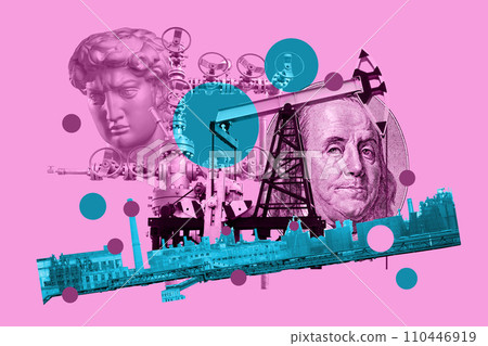 Pop art collage with antique statue head, industrial objects and portrait Benjamin Franklin from the 100 dollars bill. Alternative zine culture. Surreal poster, template for concept design or cover. Pop art collage with antique statue head, industrial objects and portrait Benjamin Franklin from the 100 dollars bill. Alternative zine culture. Surreal poster, template for concept design or cover. 110446919