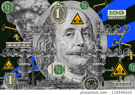 Pop art collage with antique statue head, industrial objects and portrait Benjamin Franklin from the 100 dollars bill. Alternative zine culture. Surreal poster, template for concept design or cover. 110446920