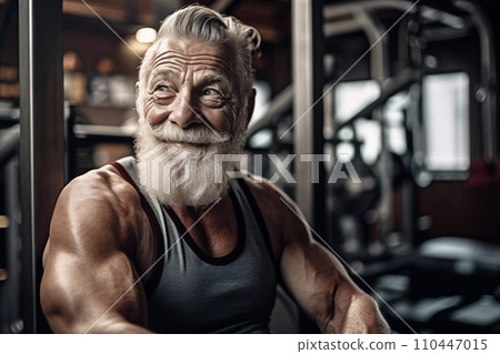 Old athle Muscula. Fitness man at workout. Elderly pensioner old man smiling in gym Old athle Muscula. Fitness man at workout. Elderly pensioner old man smiling in gym 110447015