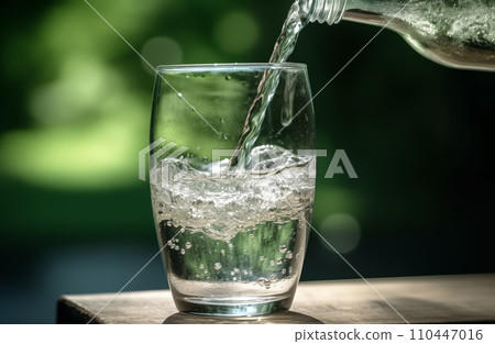 Drink water pouring in to glass mug from water plastic bottle on green background. Drink water pouring in to glass mug from water plastic bottle on green background. 110447016