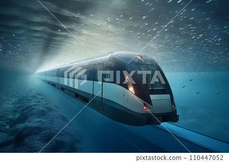 Train in Underwater railway. Underwater high-speed train on underway railroad. Train in Underwater railway. Underwater high-speed train on underway railroad. 110447052