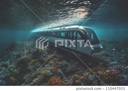 Train in Underwater railway. Underwater high-speed train on underway railroad. Train in Underwater railway. Underwater high-speed train on underway railroad. 110447053
