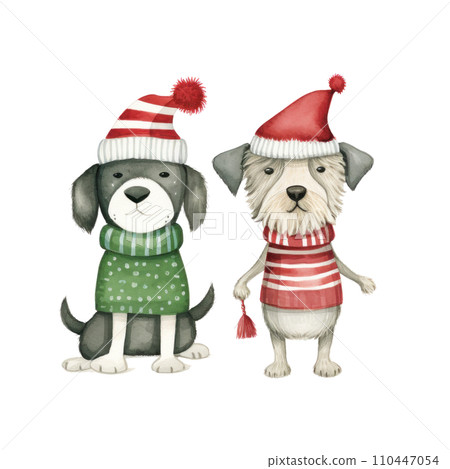 Two illustrated dogs dressed in winter clothing in a soft, 110447054