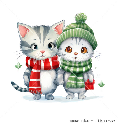 Two illustrated cats dressed in winter clothing in a soft, 110447056