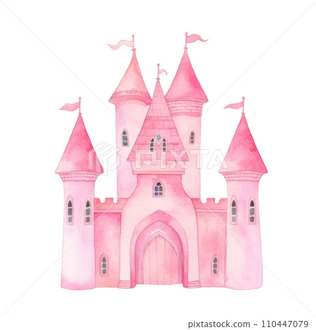 Cute pink watercolor princess castle in a soft, isolated 110447079