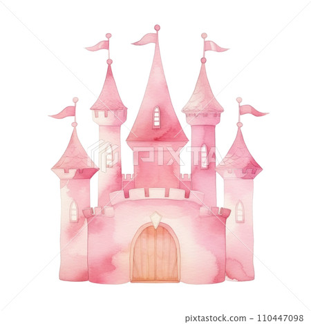 Cute pink watercolor princess castle in a soft, isolated Cute pink watercolor princess castle in a soft, isolated 110447098