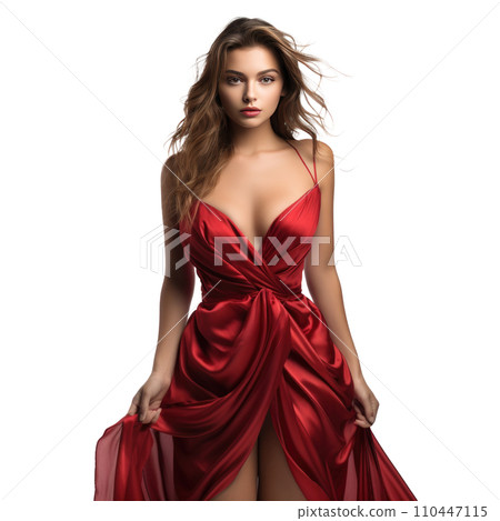 beautiful girl in red dress isolated 110447115