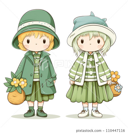 Two illustrated easter bunny with flowers and eggs, 110447116