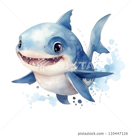 cute watercolor cartoon baby shark isolated 110447126