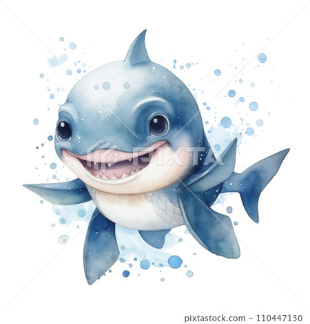 cute watercolor cartoon baby shark isolated 110447130