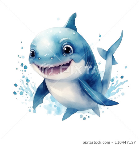 cute watercolor cartoon baby shark isolated 110447157