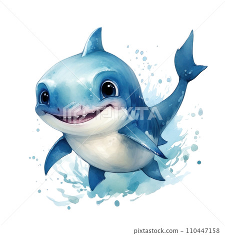 cute watercolor cartoon baby shark isolated 110447158