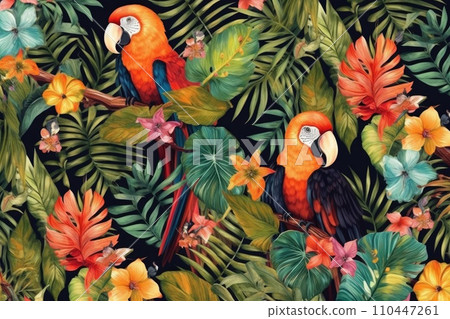 AI-generated content. Tropical exotic pattern with animal and flowers in bright colors and lush vegetation. Ai Generative. 110447261