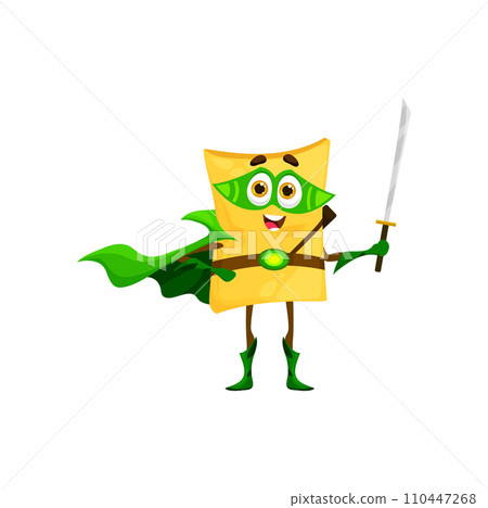Cartoon quadretti pasta superhero character equipped with katana sword and ready to fight against evil forces in an epic culinary battle. Isolated vector italian cuisine food personage tasty defender Cartoon quadretti pasta superhero character equipped with katana sword and ready to fight against evil forces in an epic culinary battle. Isolated vector italian cuisine food personage tasty defender 110447268