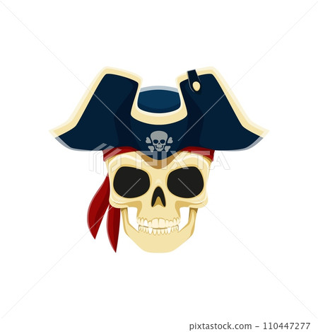Pirate captain skull in cocked hat, grins menacingly. Tricorn cap sits jauntily atop the skeletal remains, exuding spooky seafaring charm. Cartoon vector filibuster, sailor or corsair skeleton head 110447277
