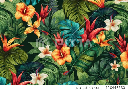 AI-generated content. Tropical exotic pattern with animal and flowers in bright colors and lush vegetation. Ai Generative. 110447280