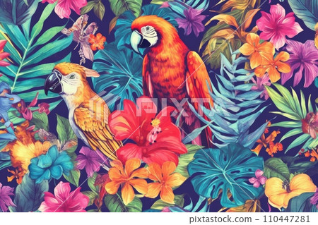 AI-generated content. Tropical exotic pattern with animal and flowers in bright colors and lush vegetation. Ai Generative. AI-generated content. Tropical exotic pattern with animal and flowers in bright colors and lush vegetation. Ai Generative. 110447281