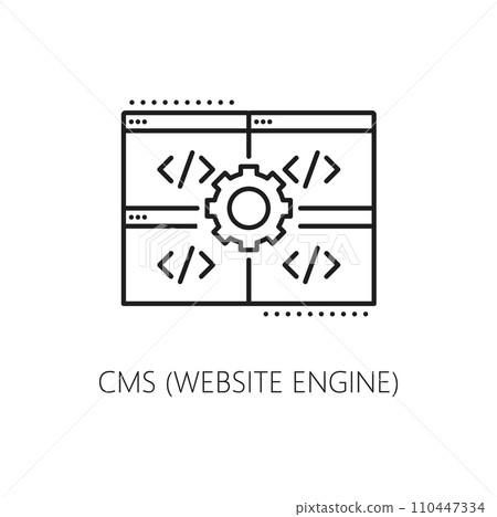 Website engine, CMS content management system icon, web business and internet marketing, vector line symbol. CMS media content and digital data technology, online website engine optimization pictogram Website engine, CMS content management system icon, web business and internet marketing, vector line symbol. CMS media content and digital data technology, online website engine optimization pictogram 110447334